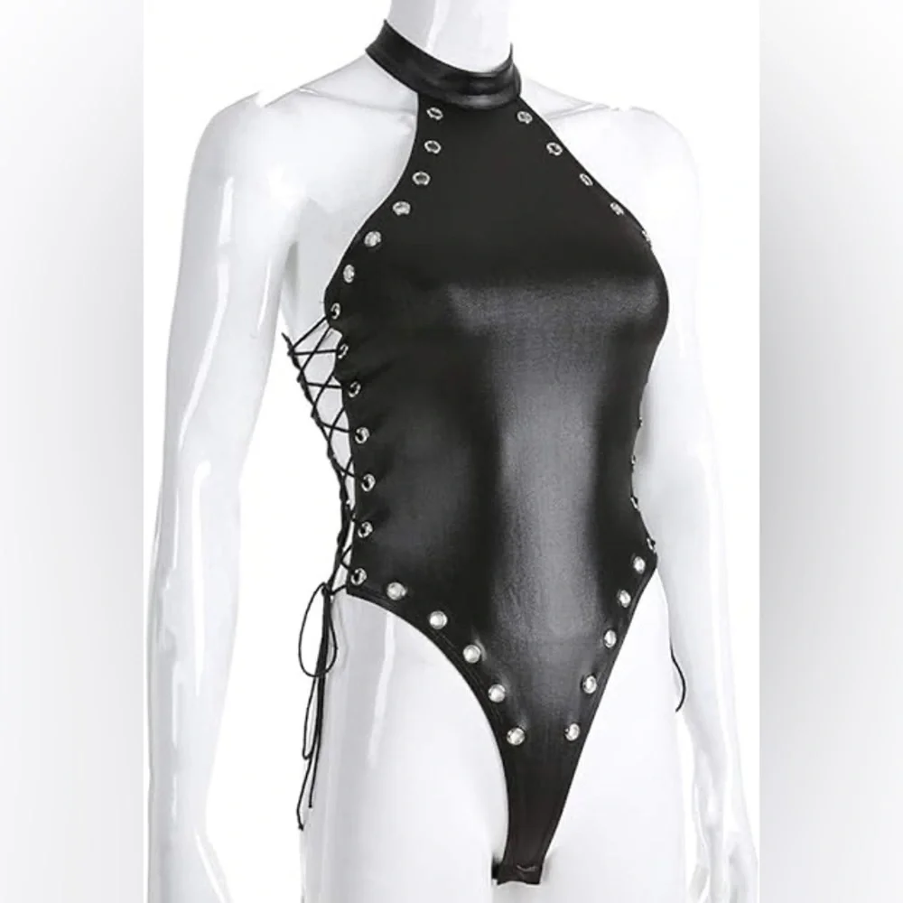 Faux Leather Lace Up Bodysuit - Picture 12 of 14